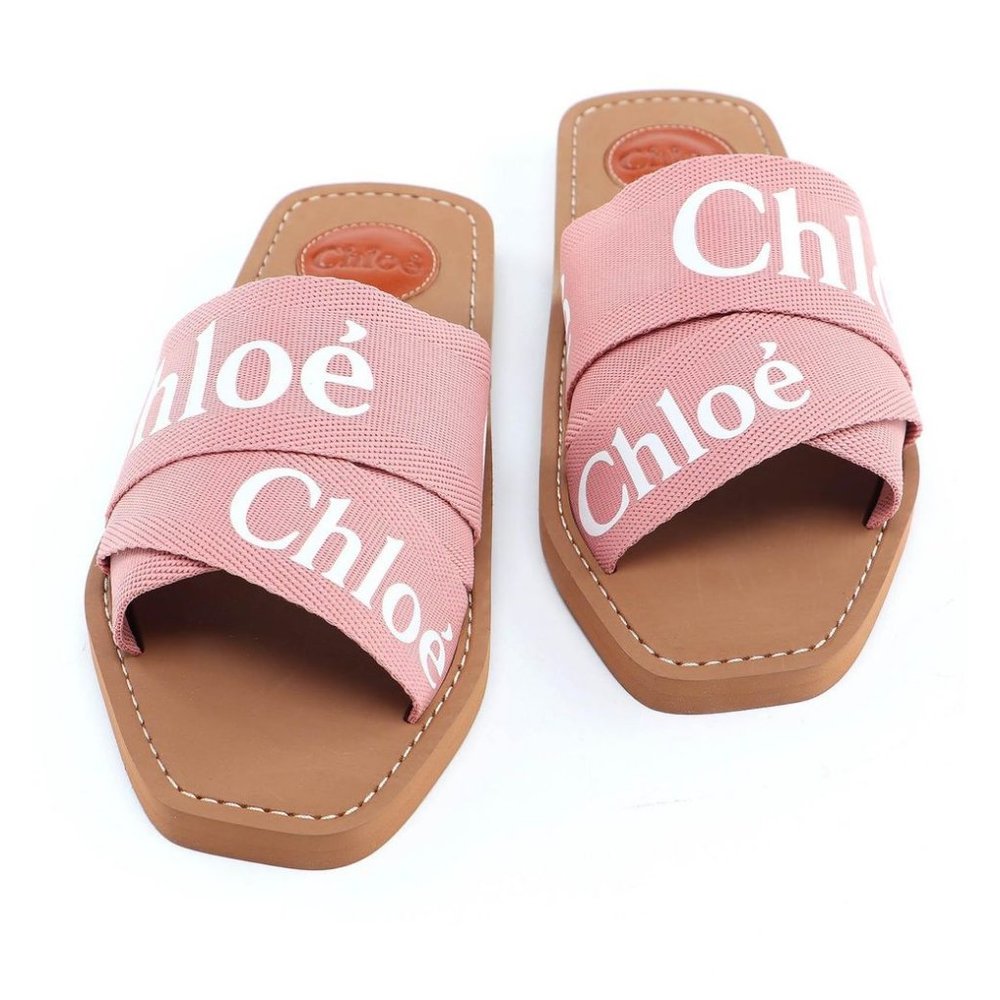 SOLD Chloe Woody Flat Logo Ribbon Slide Sandals